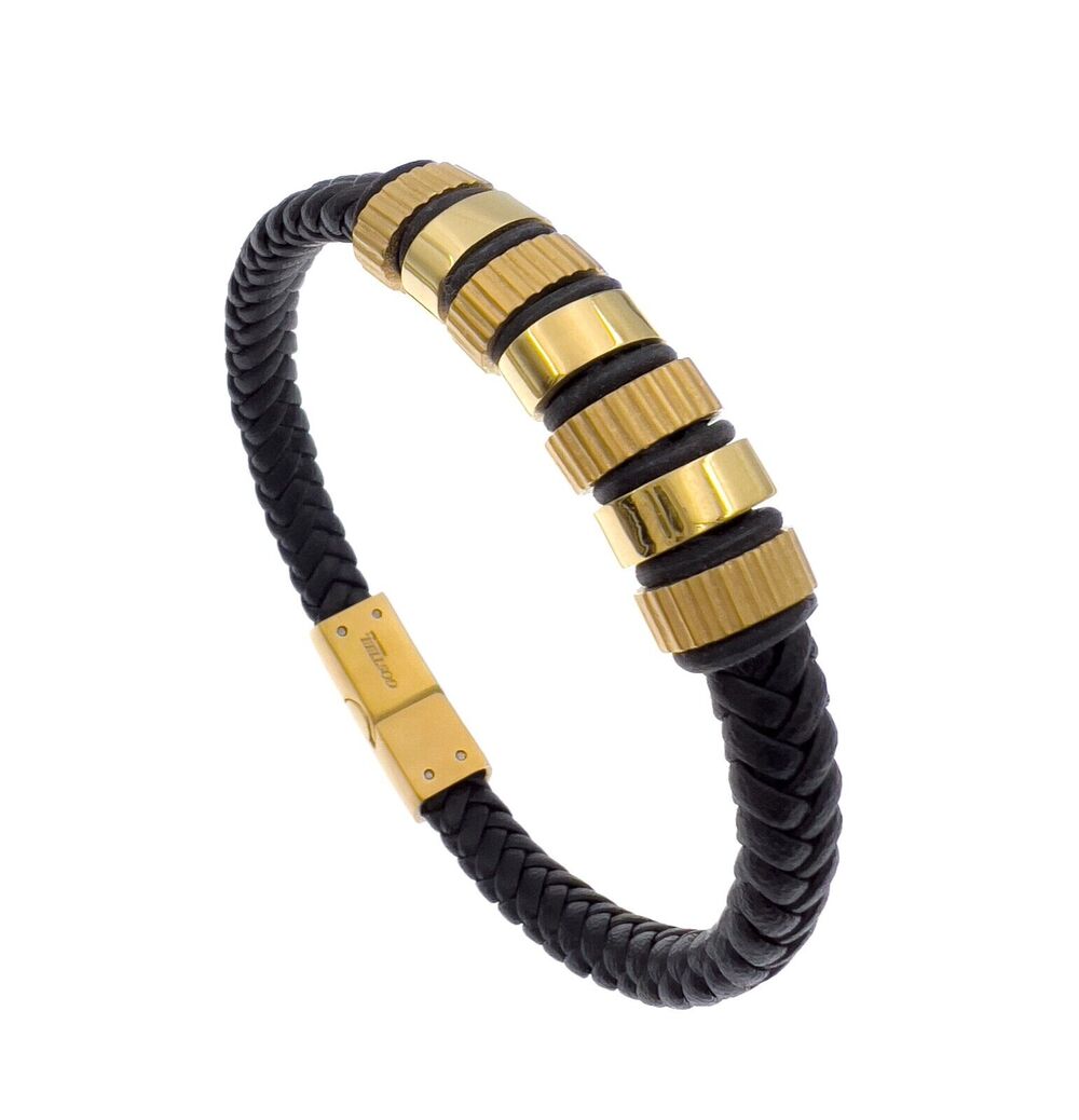 Gold Tone Stainless Steel Bead Black Braided Leather Bracelet Mens 8.5in 7mm